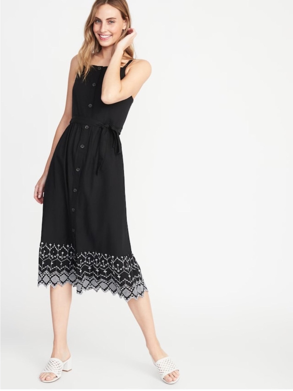 NWT Old Navy Black Linen Midi Embroidered Hem Smocked Back Dress Women’s Medium